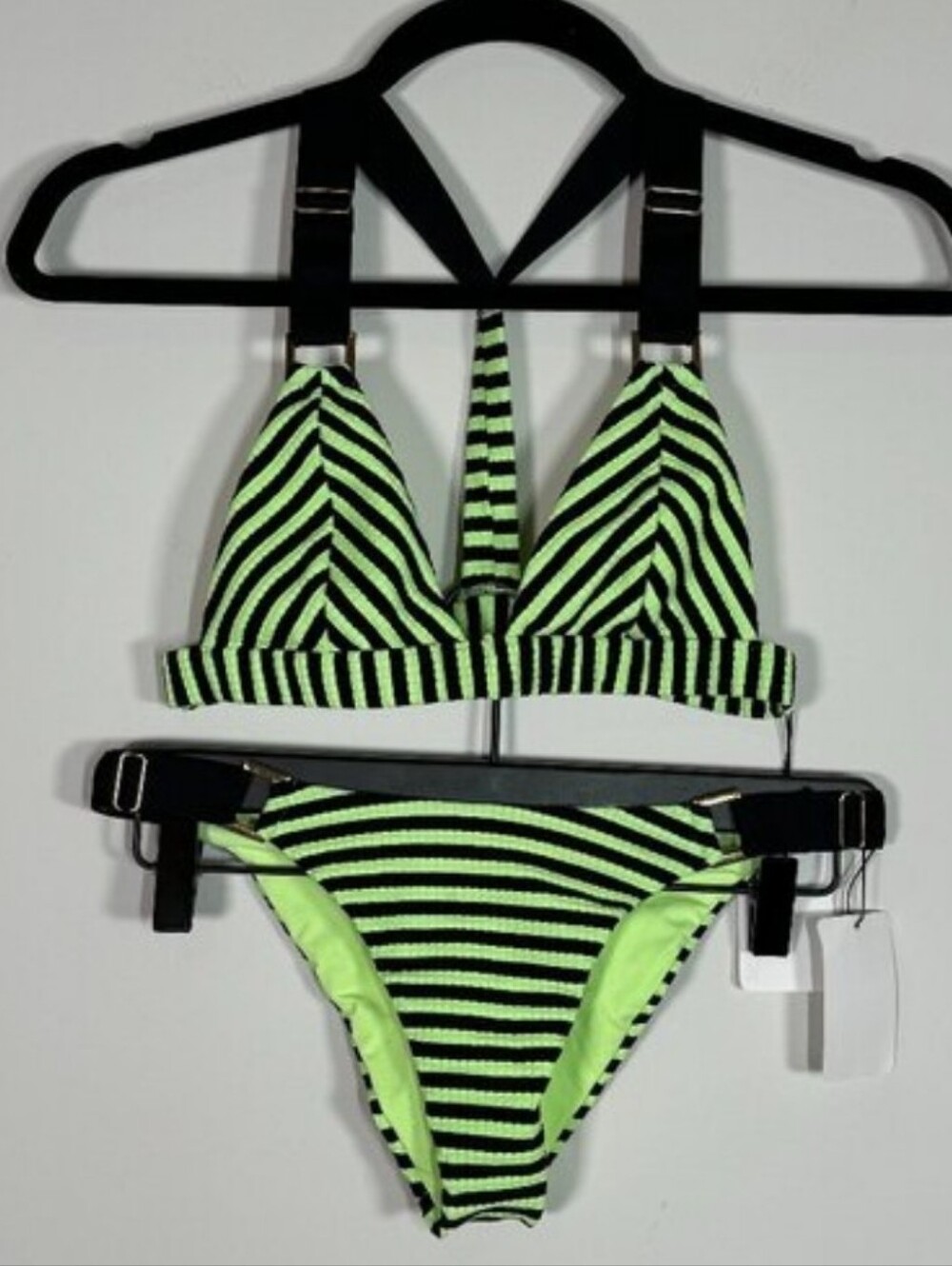 Neon Lime & Black Striped Triangle Bikini Set